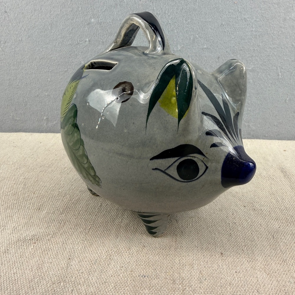 Vintage Tonalá‎ Mexico Pottery Piggy Bank Hand Painted Signed JS 7"